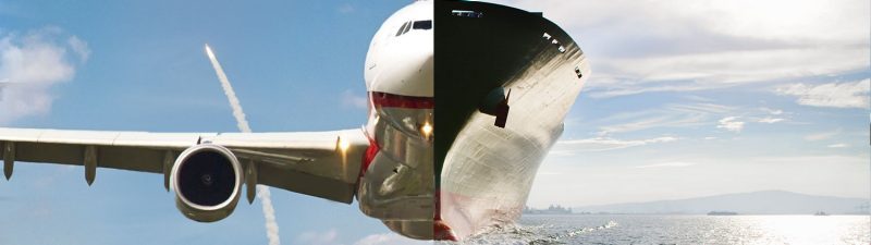A split image of a plane flying and a ship at sea with a rocket in the background